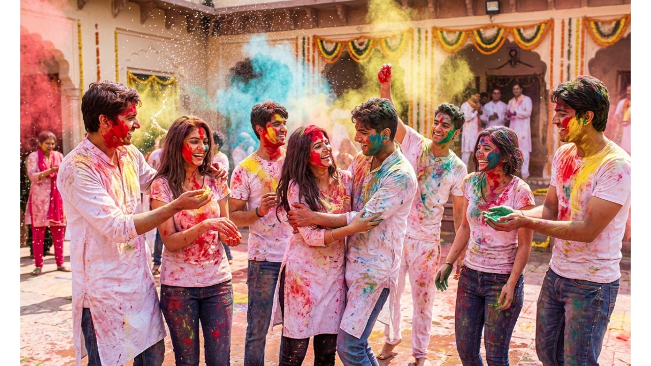 Holi festival खुशी और रंगों के साथ मनाते लोग