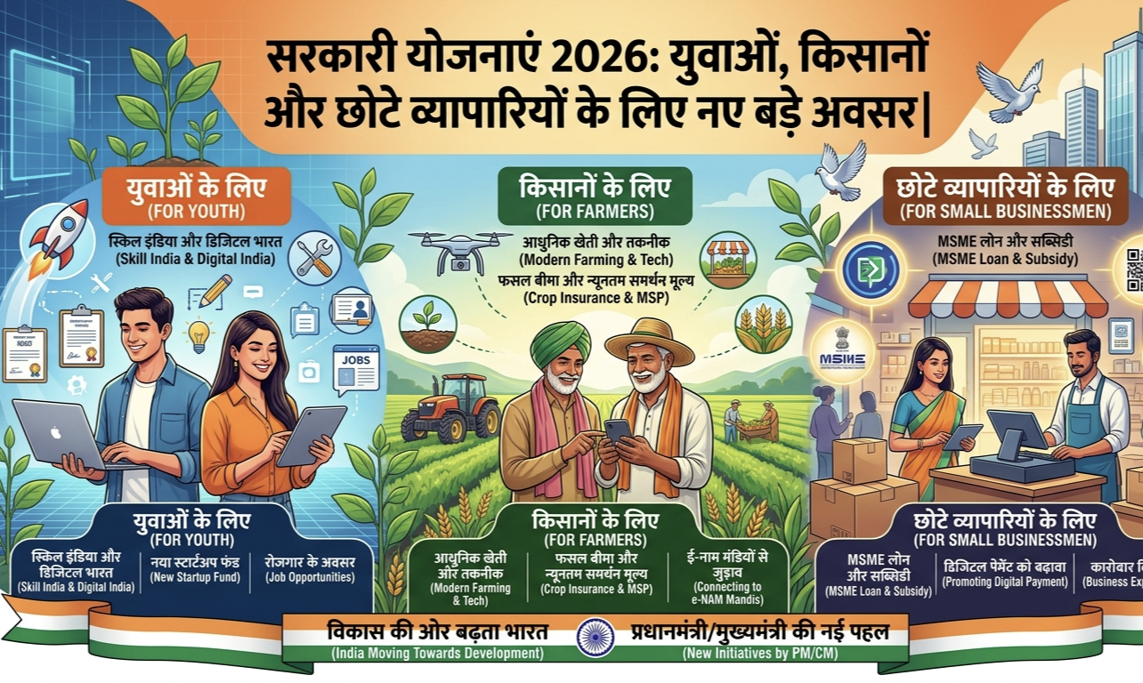 "सरकारी योजनाएं 2026: युवाओं, किसानों और छोटे व्यापारियों के लिए नए बड़े अवसर"।