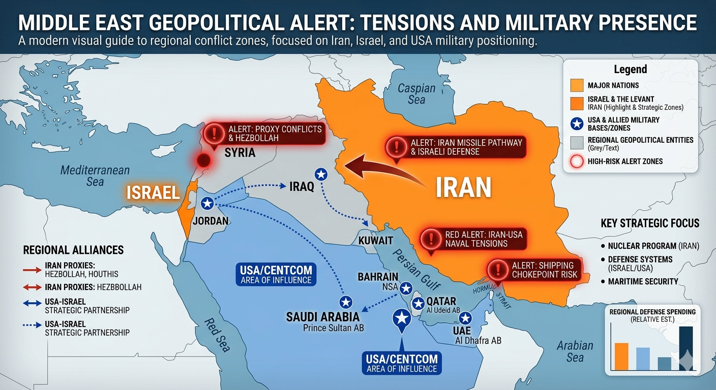 Middle East map Iran Israel USA war zones 2026