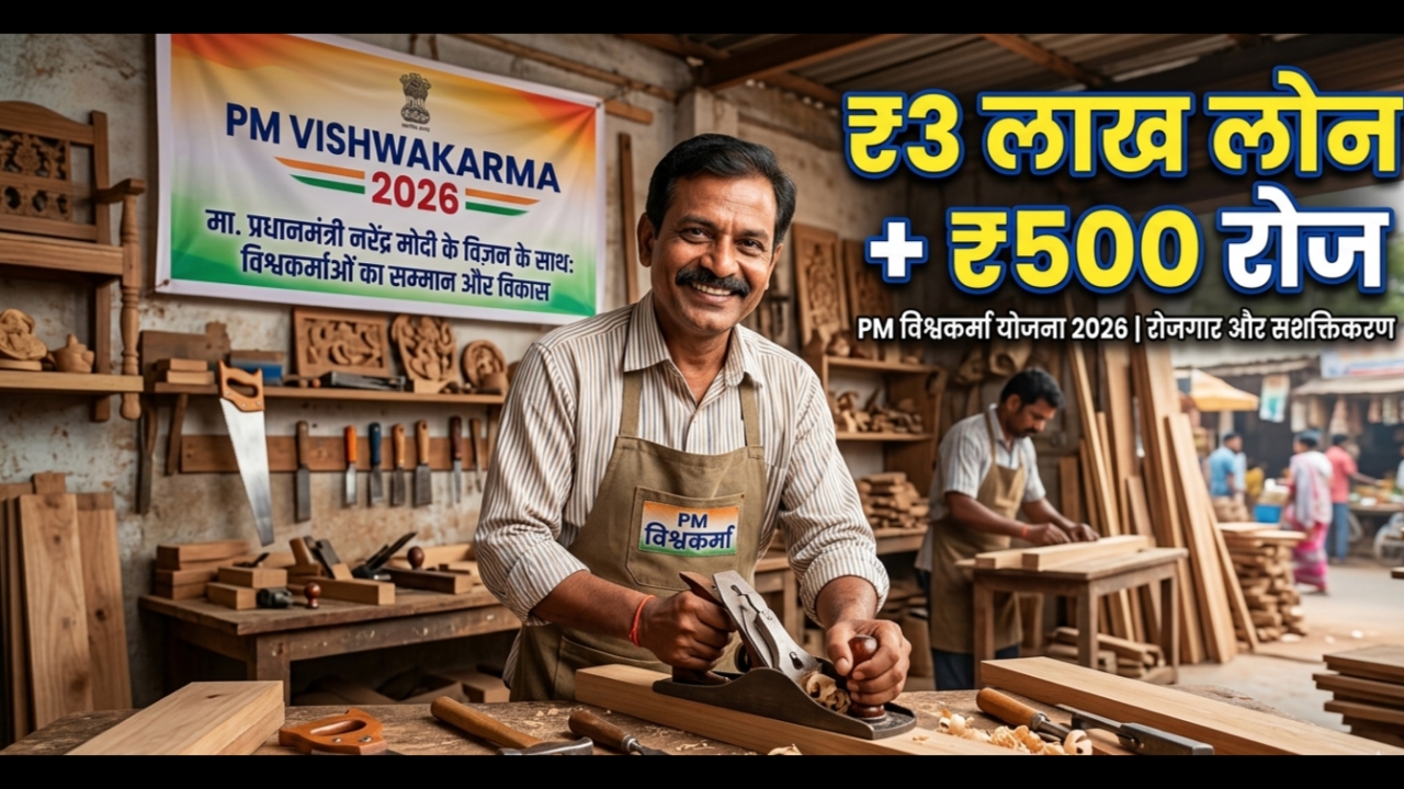 PM Vishwakarma Yojana 2026 के तहत कारीगर को ₹3 लाख लोन और ₹500 स्टाइपेंड की जानकारी दिखाता हुआ चित्र