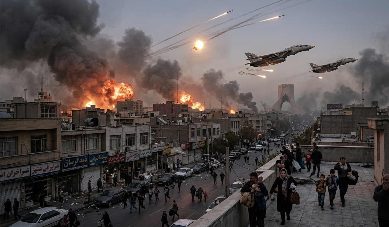 "ईरान की राजधानी तेहरान पर अमेरिका और इज़राइल के हवाई और मिसाइल हमले, धुआँ और विस्फोट के बीच नागरिक भागते हुए"