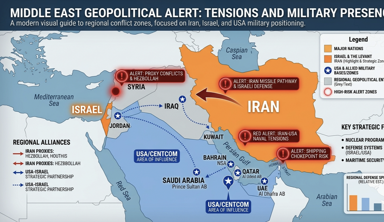 Middle East map Iran Israel USA war zones 2026