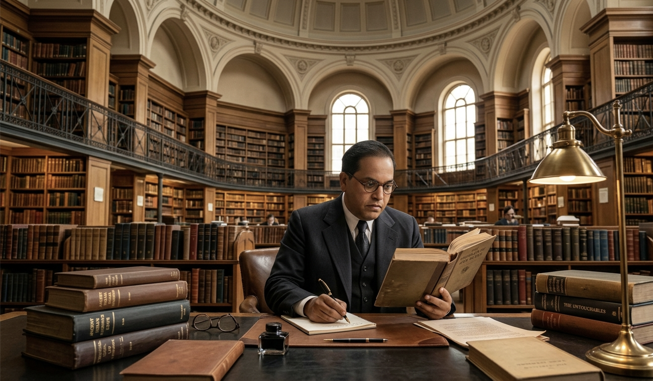 Dr. B. R. Ambedkar studying in library showing importance of education