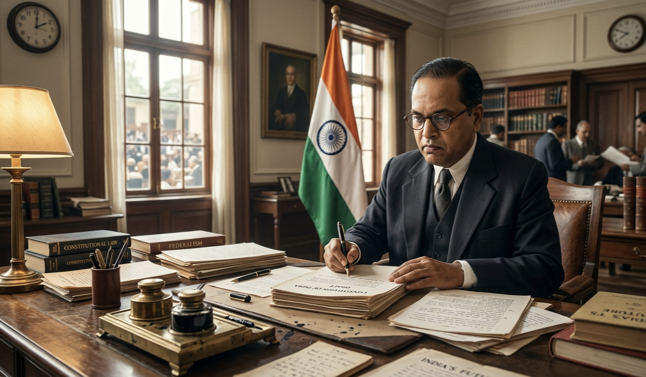Dr. B. R. Ambedkar writing Indian Constitution with dedication and vision