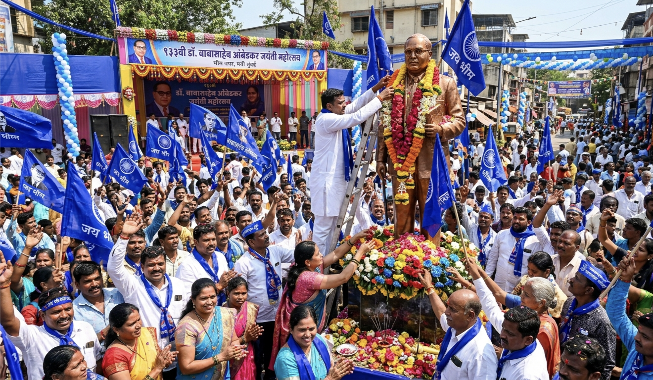 People celebrating Ambedkar Jayanti in India with flowers and tribute