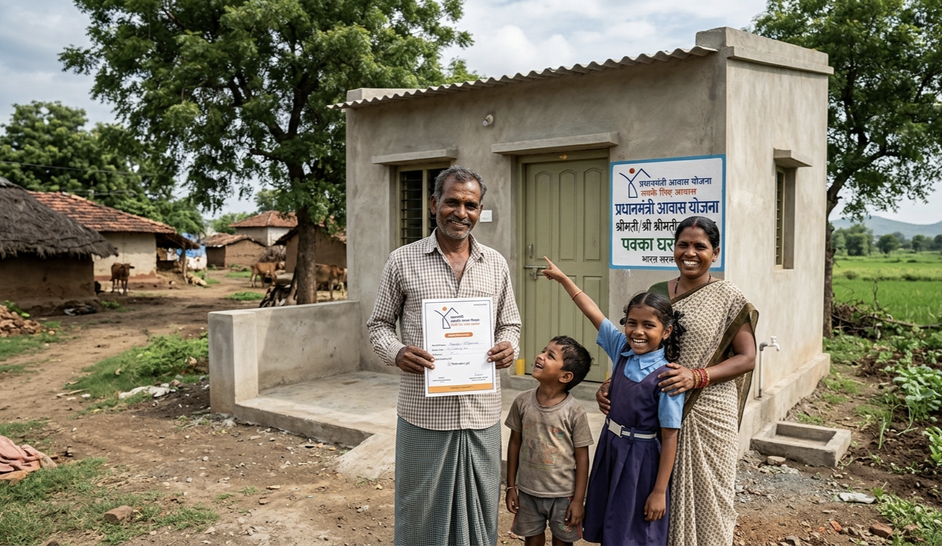 प्रधानमंत्री आवास योजना के तहत नया घर पाते लोग