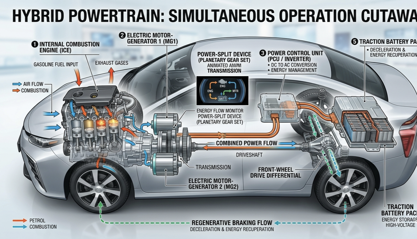 Hybrid car working system petrol and electric engine