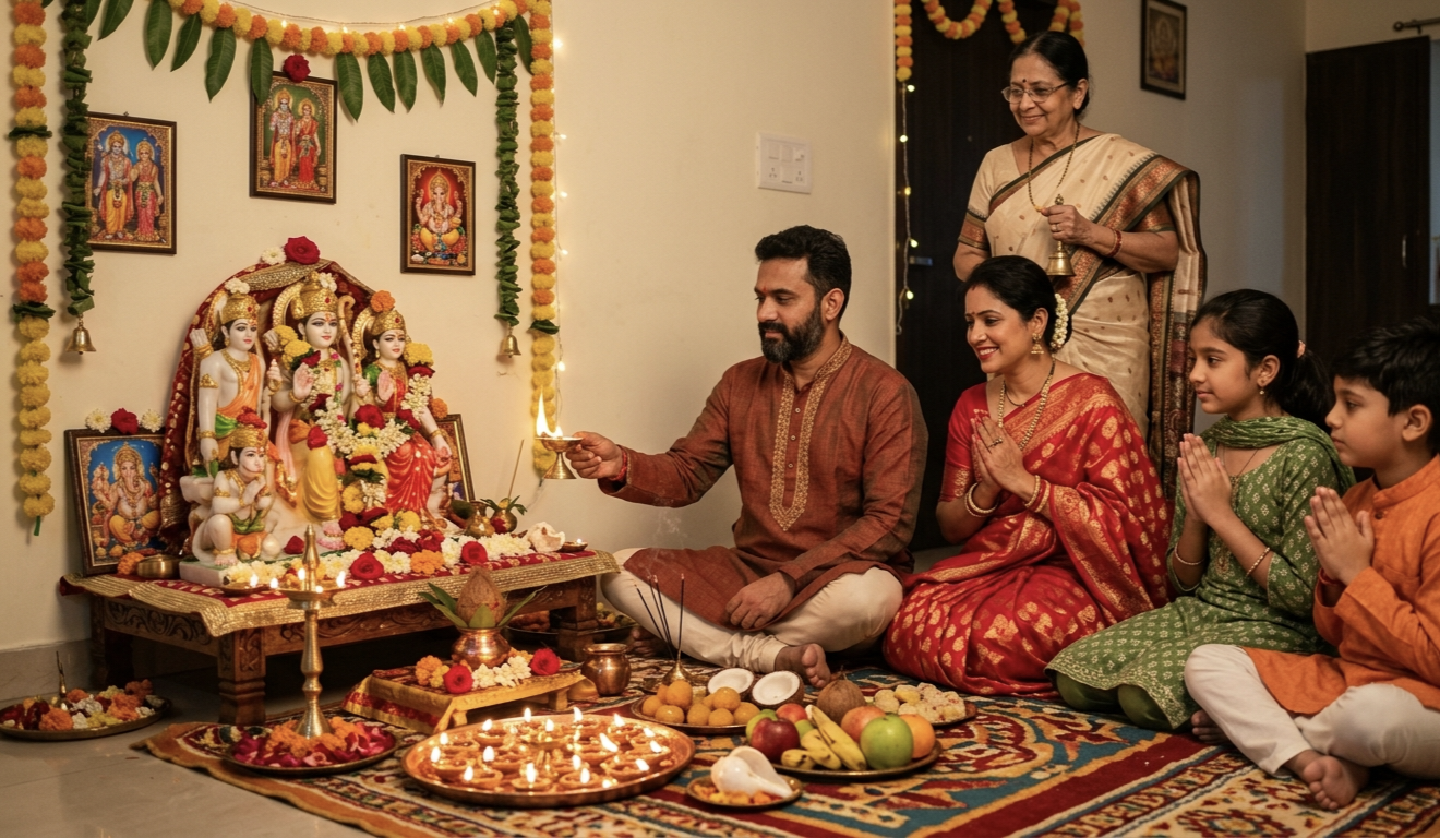 राम नवमी पर घर में परिवार द्वारा भगवान राम की पूजा करते हुए पारंपरिक भारतीय दृश्य