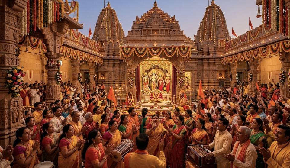 राम नवमी के अवसर पर सजे हुए मंदिर में भक्तों की भीड़ और भक्ति का माहौल
