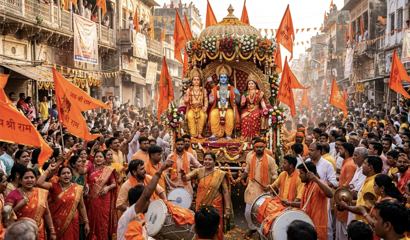 राम नवमी की शोभायात्रा में भगवान राम, लक्ष्मण और सीता की झांकी और भक्तों की भीड़