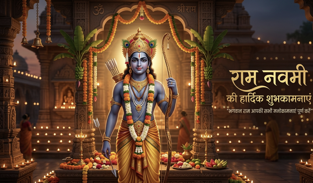 राम नवमी की शोभायात्रा में भगवान राम, लक्ष्मण और सीता की झांकी और भक्तों की भीड़