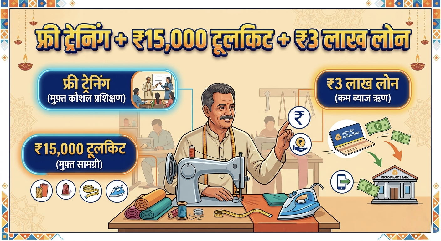 PM Vishwakarma Yojana के लाभ जैसे ₹3 लाख लोन, फ्री ट्रेनिंग और ₹15000 टूलकिट को दर्शाता हुआ इन्फोग्राफिक