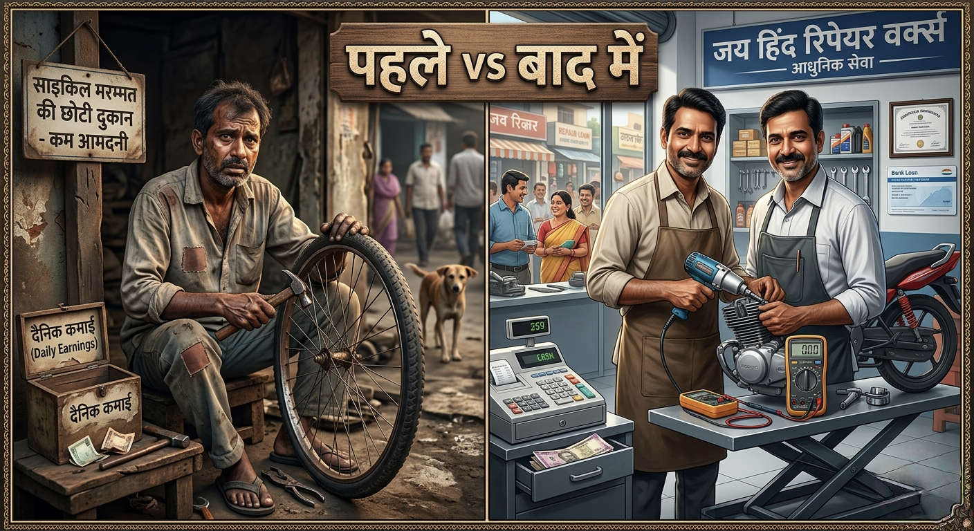 PM Vishwakarma Yojana से पहले और बाद में कारीगर की आर्थिक स्थिति में बदलाव दिखाता हुआ चित्र