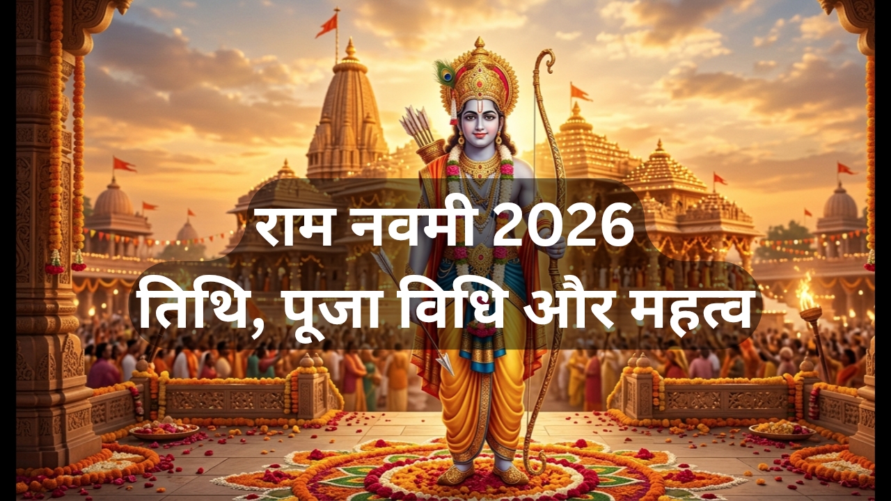 राम नवमी 2026 पर भगवान श्री राम का धनुष-बाण के साथ दिव्य चित्र और अयोध्या मंदिर का दृश्य